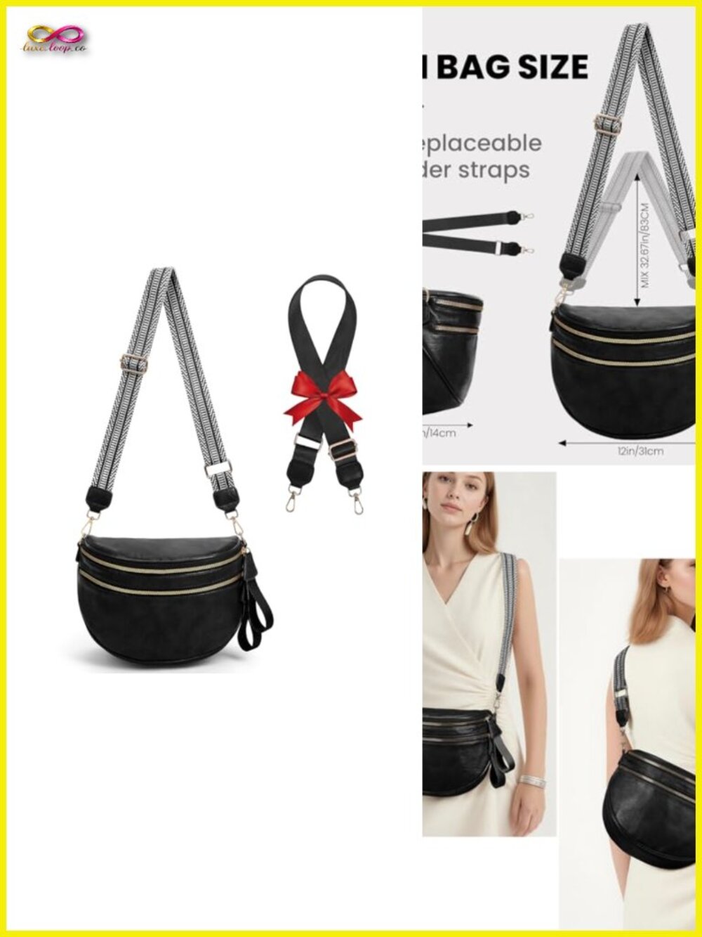 PU Leather Crossbody Fanny Pack Double Zip Multi Compartment with 2 Adjustable